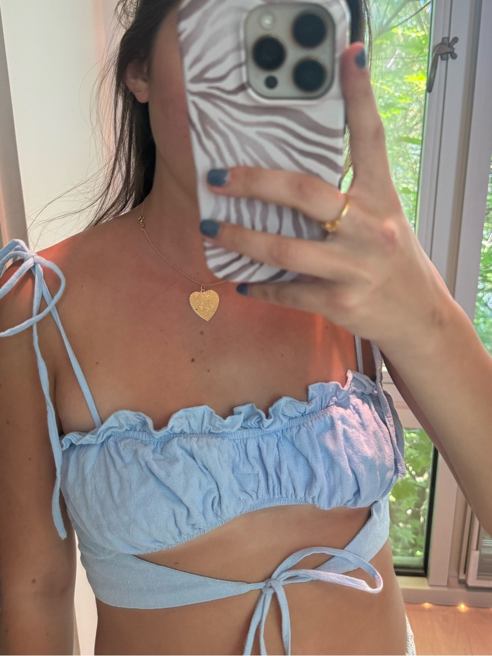 HYFVE Light Blue Tie-Front Ruffle Crop Top